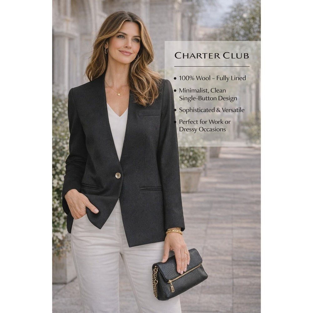 Charter Club by Jane Justin Vintage Black 100% Wool Collarless Blazer Size 4